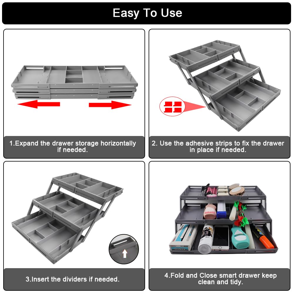 Abnaok 3 Tier Drawer Organizer Multi Level Collapsible Expandable Desk Organizer Trays for Office Supplies, Kitchen Gadgets Utensils, Vanity, Makeup, Jewelry