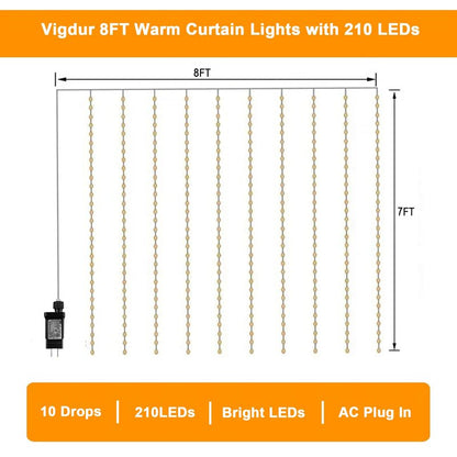 Vigdur Led Curtain String Lights, 8FT Window Fairy Lights for Bedroom with 210 Warm LEDs, Hanging Twinkle Indoor String Light for Party Wedding Garden Wall Decor(8 * 7ft)