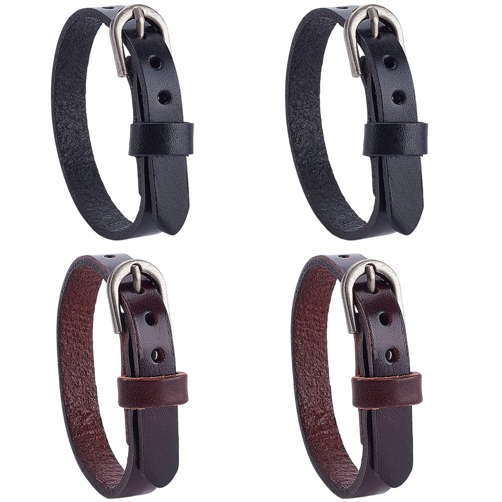 CALFOVERA 4PCS Genuine Leather Wristband Bracelet Retro Adjustable 2 Colors Simple Alloy Buckle Bangle Cowhide Leather Stirrup Straps Cuff Bracelet Jewelry for Men Women Daily Party