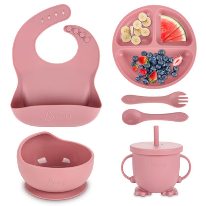 Losecu Silicone Feeding Set|Baby Led Weaning Supplies|Suction Plate Bowl Set with Bib, Spoon, Fork, Sippy Cup|Feeding Eating Supplies BPA Free