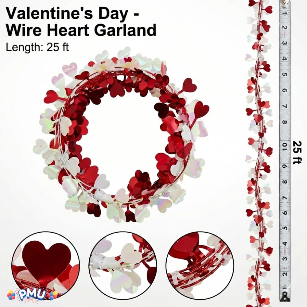 PMU 75ft Valentine's Day Themed Red and White Heart Wire Garland - Valentine's Day Theme Festive Home Decoration Ornament (3pc-25Ft Each)
