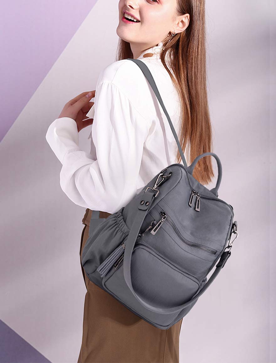 UTO Women Backpack Purse Nylon Fabric Ladies Fashion Designer Rucksack Convertible Travel Shoulder Bag with Tassel Grey