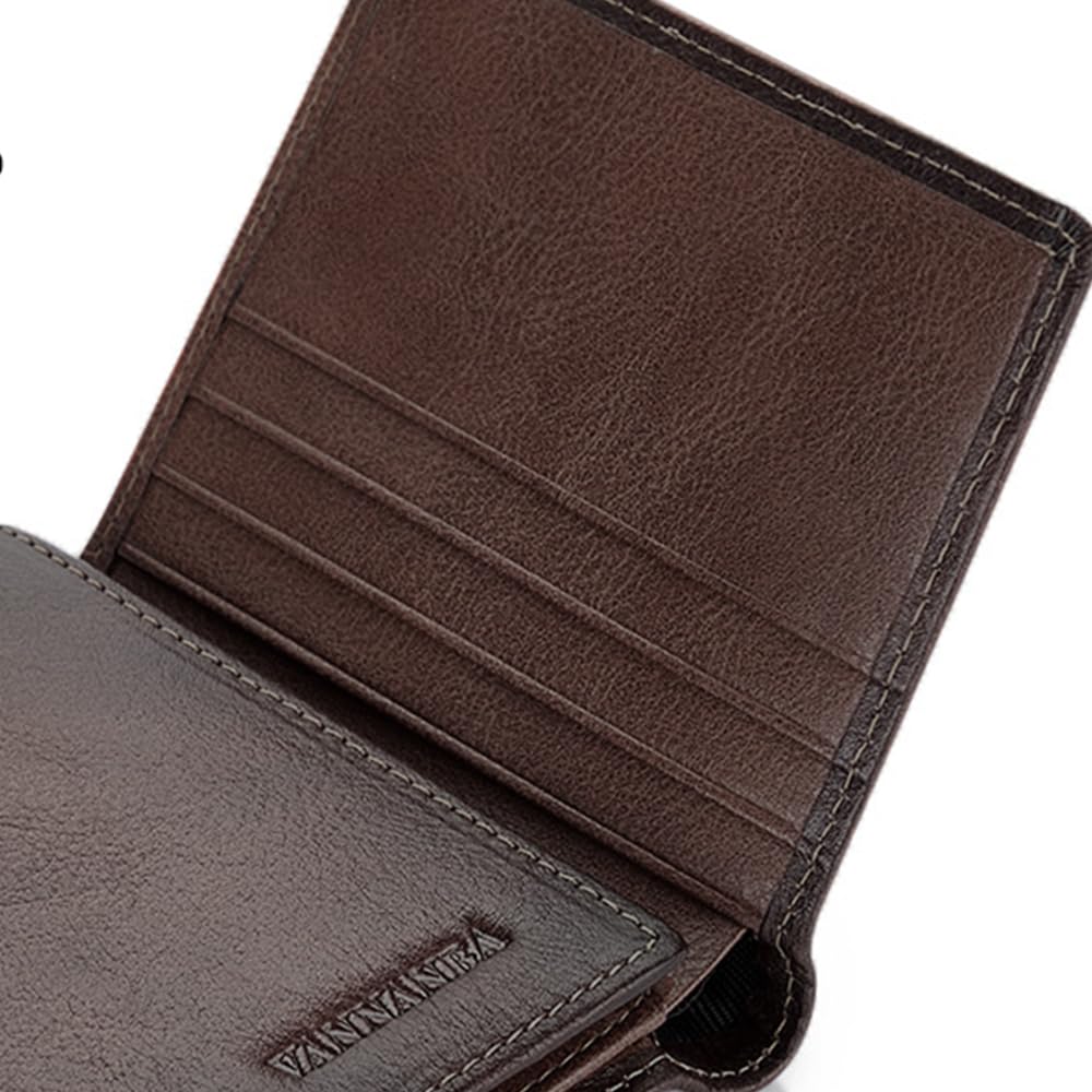 VANNANBA Men's Leather Trifold Wallet with Folded ID Windows,12 Card Slots & 2 Note pockets(Dark Brown)