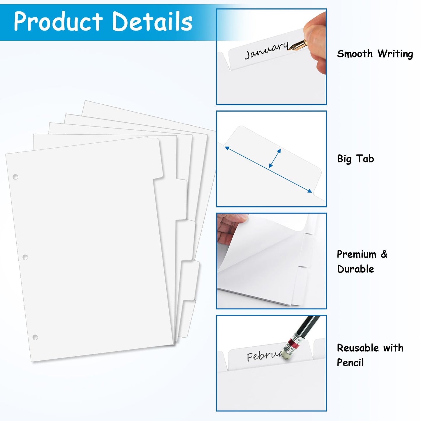 Binder Dividers for 3 Ring Binder, 1/5 Cut Tabs, Letter Size, Blank Write On Page Dividers with 5 Big Tabs for School Office Home, 4 Sets, 20 Dividers, White
