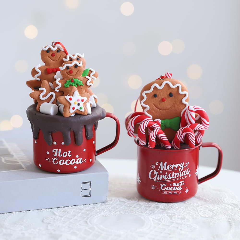 PageebO Gingerbread Man Mug Ornaments Set, 2Ft Clay Gingerbread Man in Mug Candy Shatterproof Pendents for Christmas Tree Decorations Indoor Outdoor Cute Xmas Decor Gift Home New Year Party Supplies
