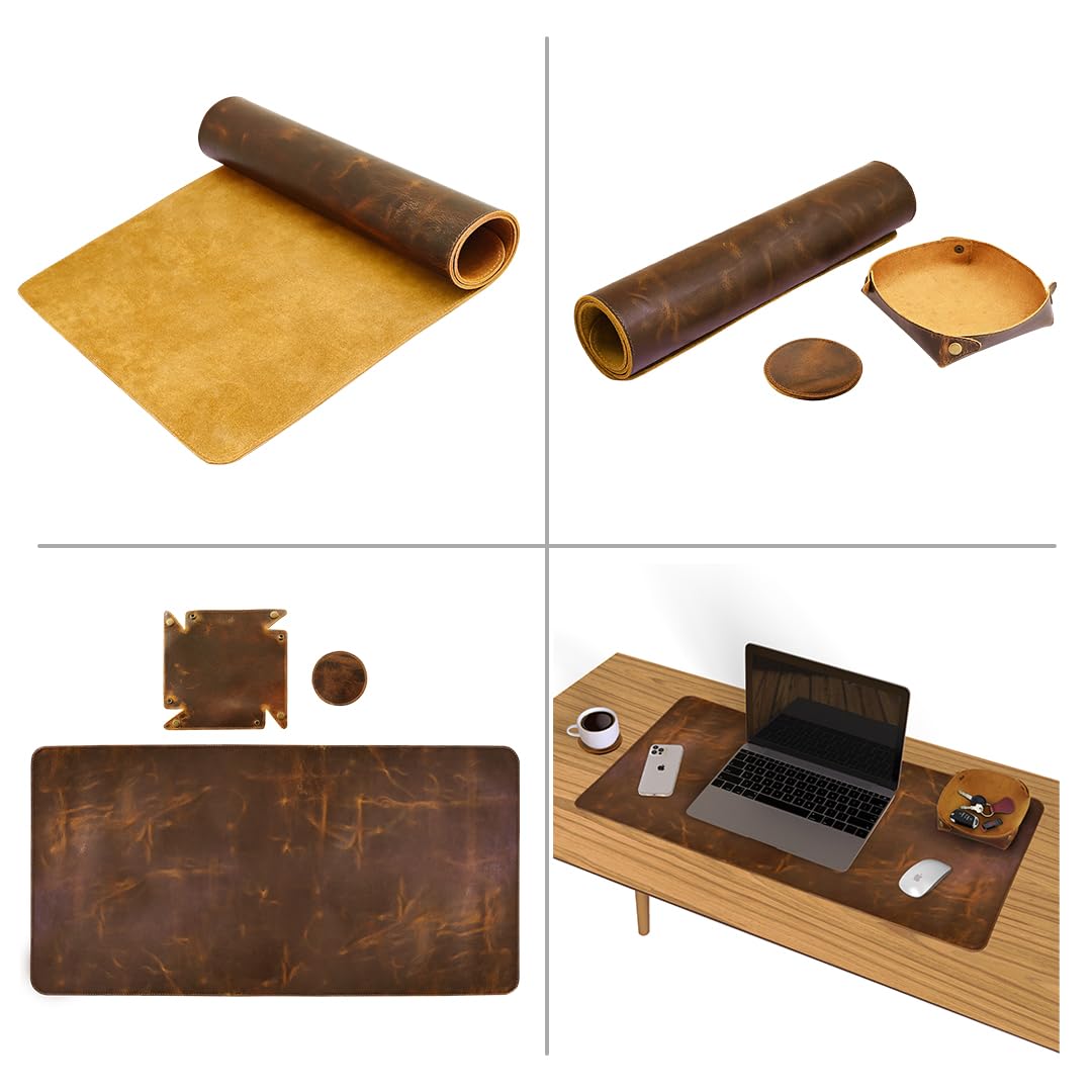 Elizo Real Leather Desk Mat Set (32x16) Large Desk Cover Desk Blotter Protector Computer Gaming Mouse Pad Table Laptop Office Desktop Accessories