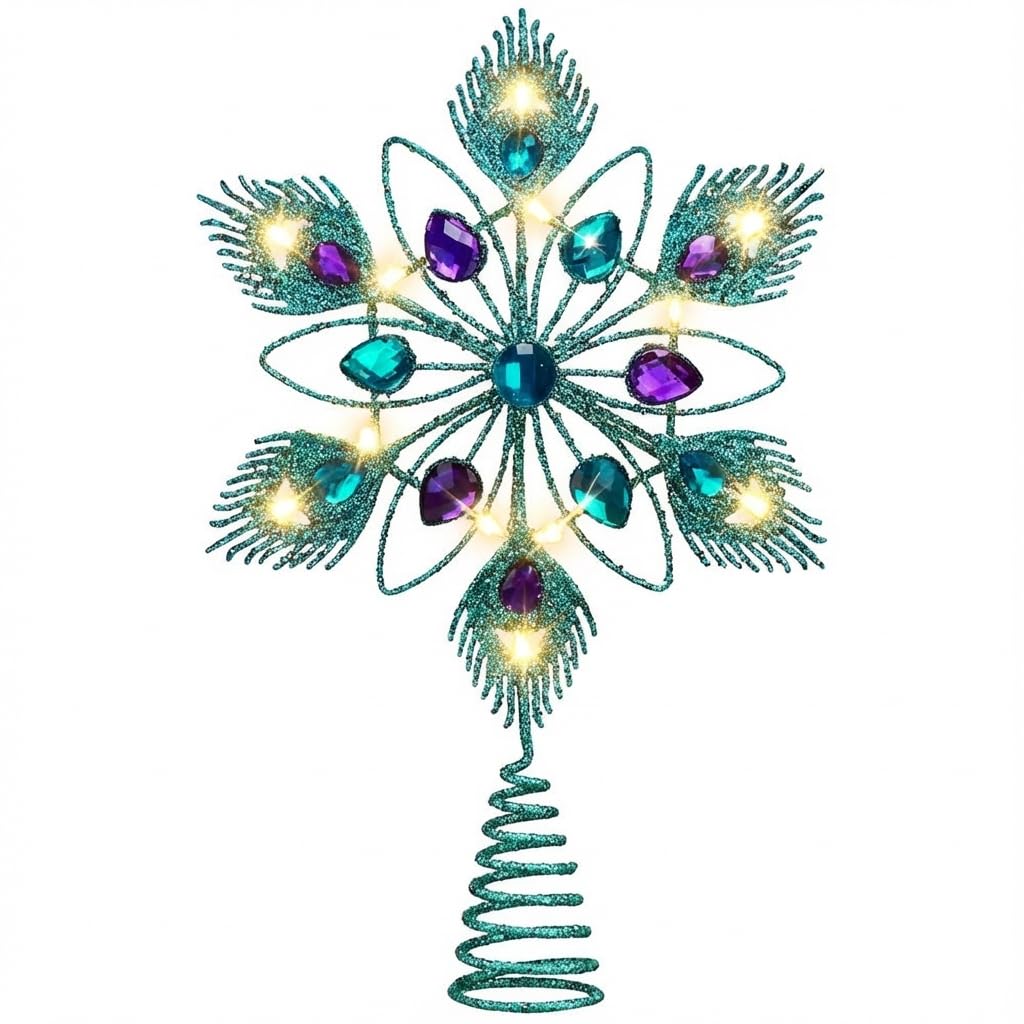 Valery Madelyn Lighted Christmas Tree Topper Star with Timer for Tree Decorations, 13 Inch Blue and Silver Metal Star Tree Topper Snowflake Peacock Feather Jewel with Lights for Mardi Gras Decoration