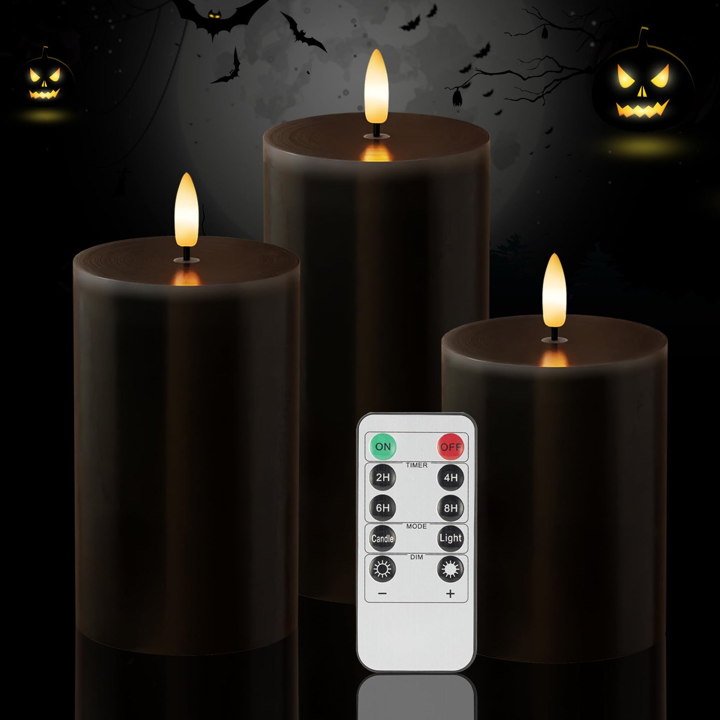 AFINETH Black Flameless Candles, Halloween Candles with Remote, Battery Operated Gothic LED Candles, Real Wax Flickering Flameless Pillar Candles for Home, Party, Halloween, 3 Pack