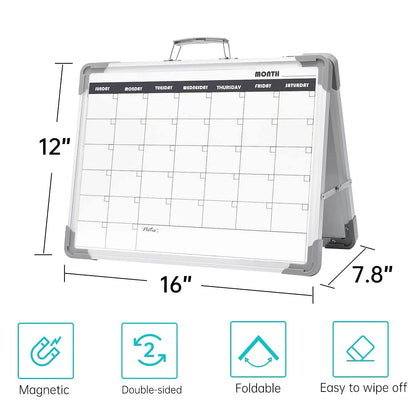 Magnetic Dry Erase Board with Calendar - Small Double Sided Whiteboard on Desktop with Monthly Schedule Planner, Portable Folding White Board on Table Top for Drawing, Teacher Students Classroom