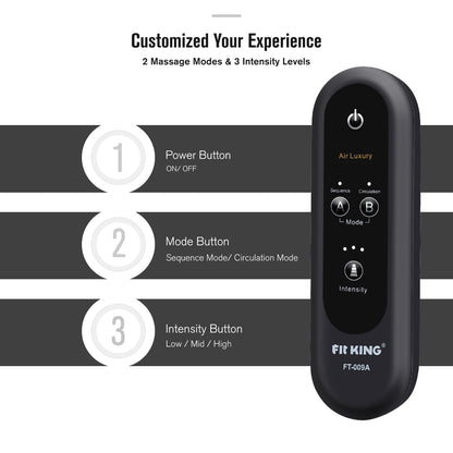 FIT KING Leg Air Massager for Circulation and Relaxation Foot and Calf Massage (No Heat) to Relieve Pain Swelling Edema with Handheld Controller 3 Intensities 2 Modes 2 Extensions - FSA HSA Eligible