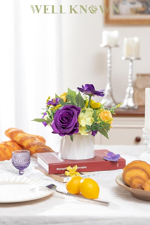 WELL KNOWN Small Fake Flowers in Plastic Vase 7" Centerpieces Coffee Table Decor, Silk Flower Arrangements for Home Decor Indoor Artificial Flower Bouquet for Dining Room Kitchen Wedding Yellow Purple