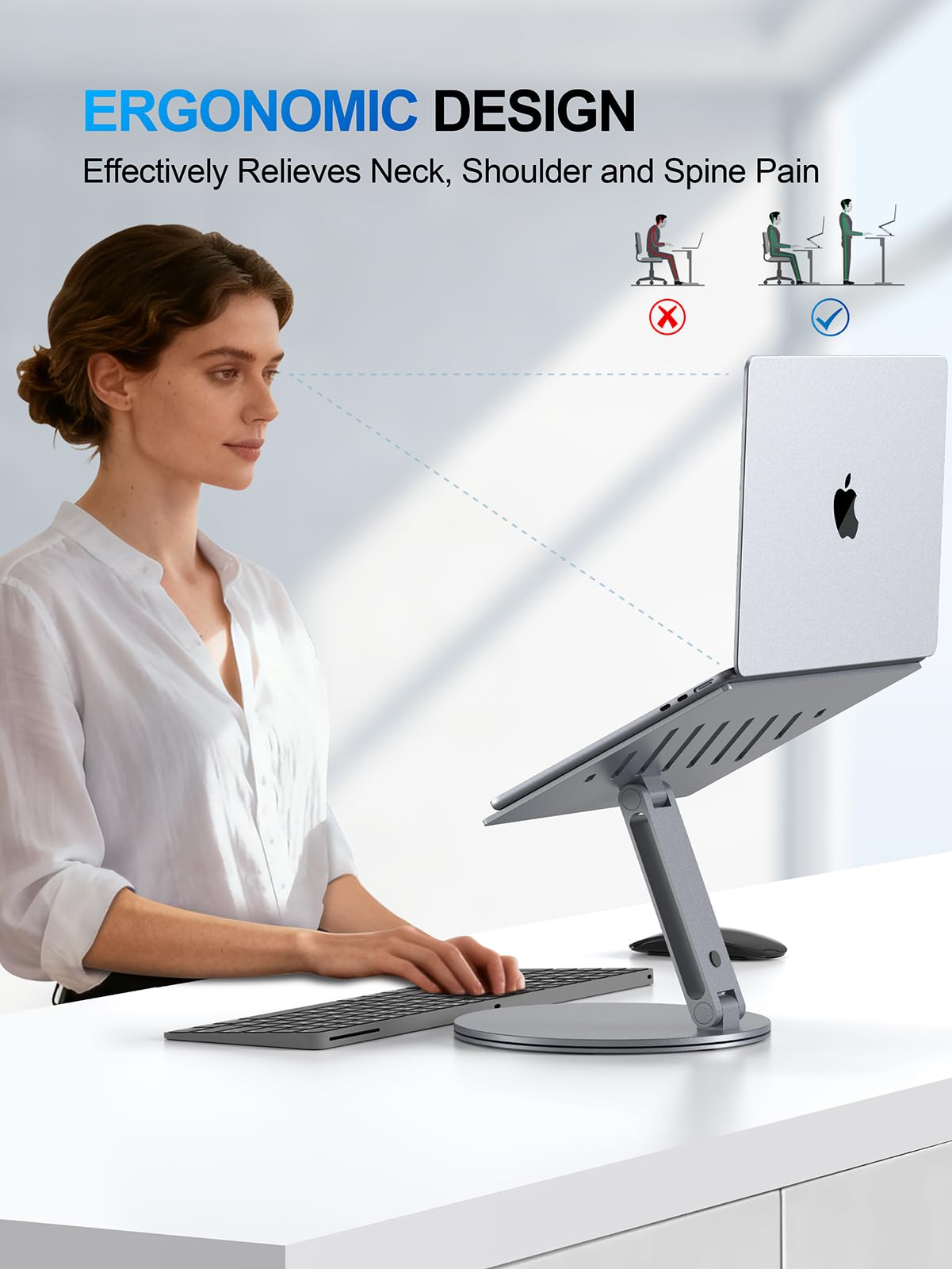 YICOSUN Adjustable Laptop Stand for Desk - 360° Rotating Ergonomic Riser with Aluminum Cooling Vents & Sturdy Construction for 10-16 Inch MacBook Pro/Air, Foldable Portable for Office & Home - Gray