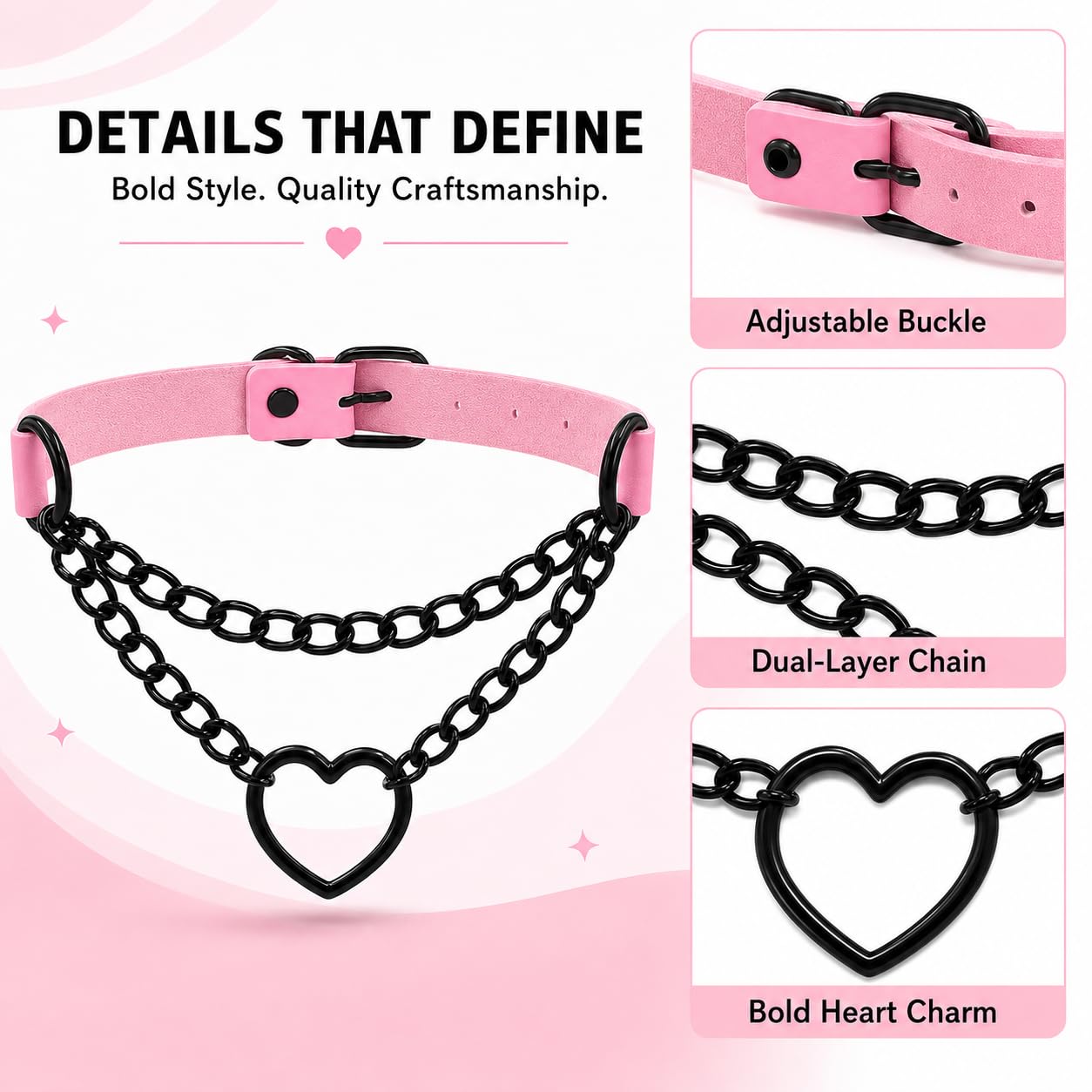 TIVMIK Punk Heart Shape Collar Necklace Leather Gothic Collar with Dangling Heart-Shaped Chain Cute Harajuku Style Women's Necklace Pink
