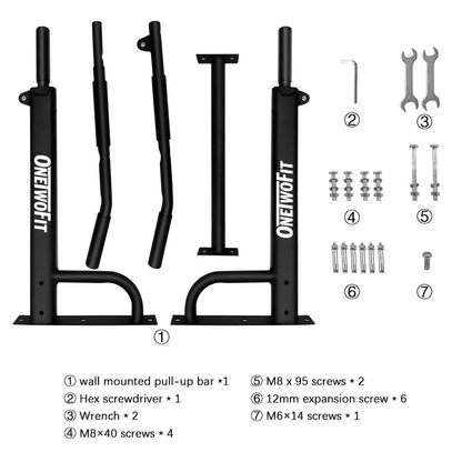 OneTwoFit Wall Mounted Pull Up Bar with More Stable 6-hole design for Indoor and Outdoor Use, Maximum weight 440 Lbs OT103