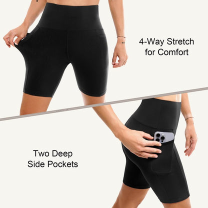 Leafigure 2 Pack Womens Biker Shorts with Pockets, High Waisted Tummy Control Yoga Shorts for Women Running Gym and Workout Black/Green L-XL