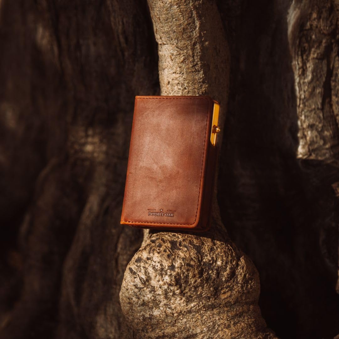 Double Oak Essentials Pop-Up Cardholder - RFID Blocking Minimalist Leather Wallet for Men - Slim Design, Top-Grain Leather, Holds Cards & Cash (Brown w/Gold Cardholder)