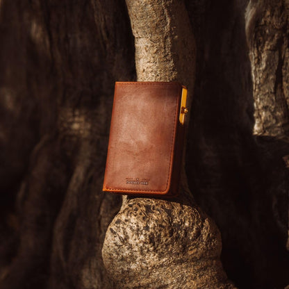 Double Oak Essentials Pop-Up Cardholder - RFID Blocking Minimalist Leather Wallet for Men - Slim Design, Top-Grain Leather, Holds Cards & Cash (Brown w/Gold Cardholder)