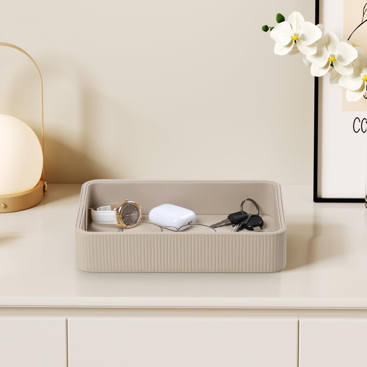 Cretkhp PU Leather Valet Tray Organizer, Modern Nightstand Organizer Bedside Desktop Storage for Womens and Men, Decorative Perfume Trinket Catchall Vanity Tray for Key Watch Wallet (Beige)