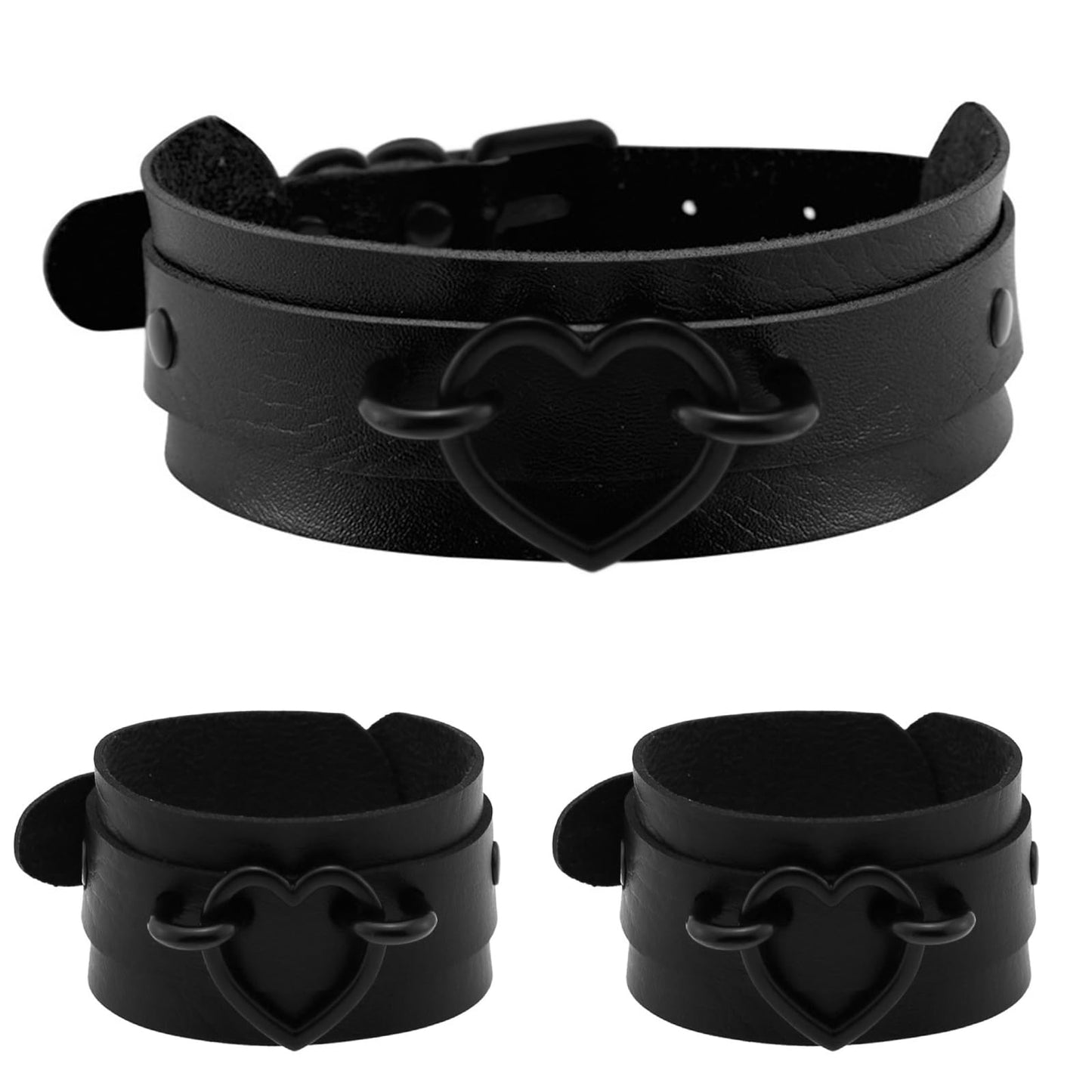 Tosmifairy 3Pcs Leather Choker Collar Set,Heart Necklace + Wide Wrist Bracelets Combo Punk Gothic Cosplay Jewelry Gift for Women,Black-All