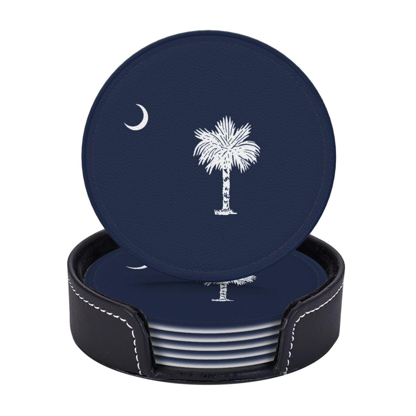 6 Pack South Carolina State Flag Leather Coasters with Holder–Cute Heat Resistant Drink Coasters Set for Coffee Wine Kitchen Office Bar Table Decor,Round