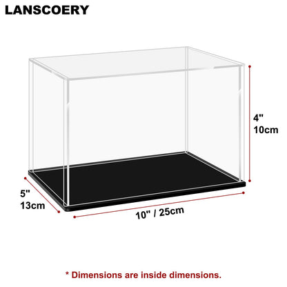 LANSCOERY Acrylic Display Case, 10x5x4 in, Upgraded Thickened UV-Resistant Showcase, 98% Clarity Dustproof Box with Glossy Black Base for Action Figures, LEGO & Models, Includes Scraper & LED Light