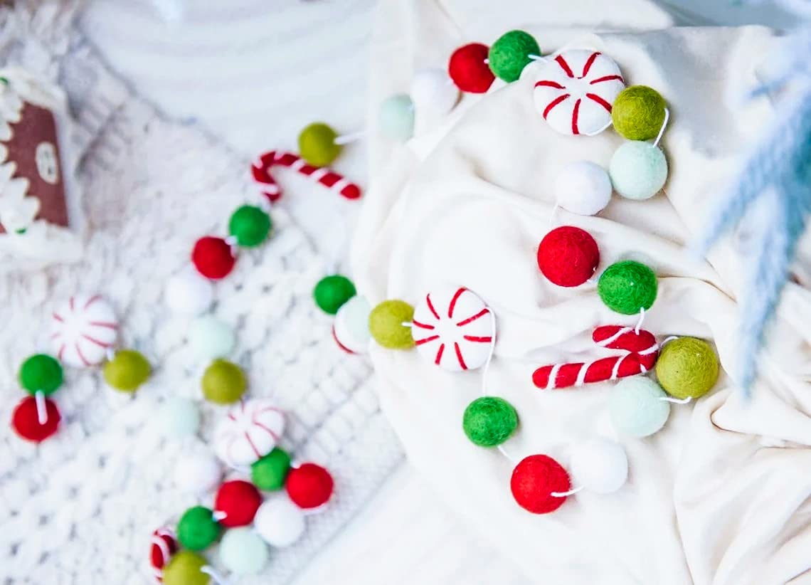 Christmas Felt Ball Garland - Peppermints Candy Cane Pom Pom Garland, Hand-Made from Natural Wool - Cute Hanging Decor for Christmas Tree, Kids Bedroom, Living Room, Nursery Decoration- 6.56 Feet Long