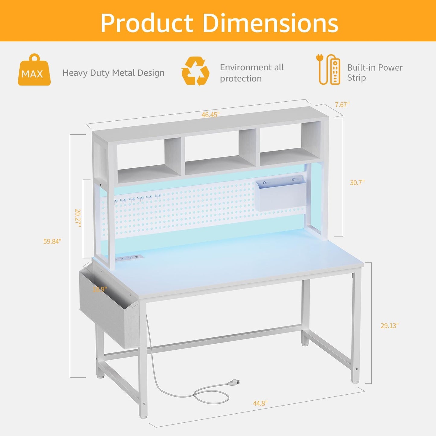 White Gaming Desk with Hutch and Pegboard - Computer Desk with Hutch, Power Outlet, 47 Inch Art Desk with Storage, Hooks, RGB and Side Bag, Writing Modern Study Teen Desks for Girl Bedroom Home Office