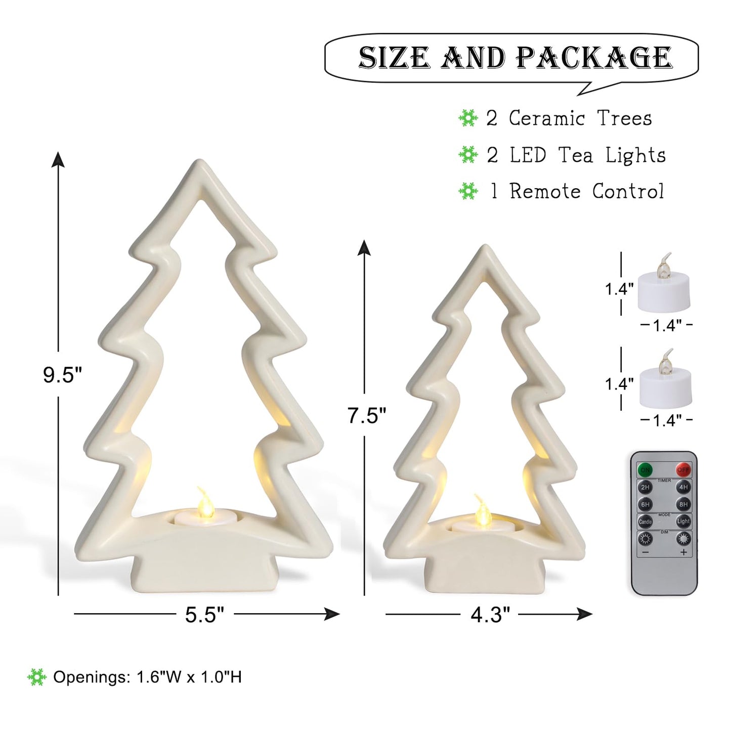 Mokof 2 Pcs White Ceramic Christmas Tree with LED Tea Lights & Remote Control, Farmhouse Tabletop Christmas Decorations Indoor for Mantle, Fireplace, Shelf Winter Holiday Home Decor (9.5" H & 7.5" H)