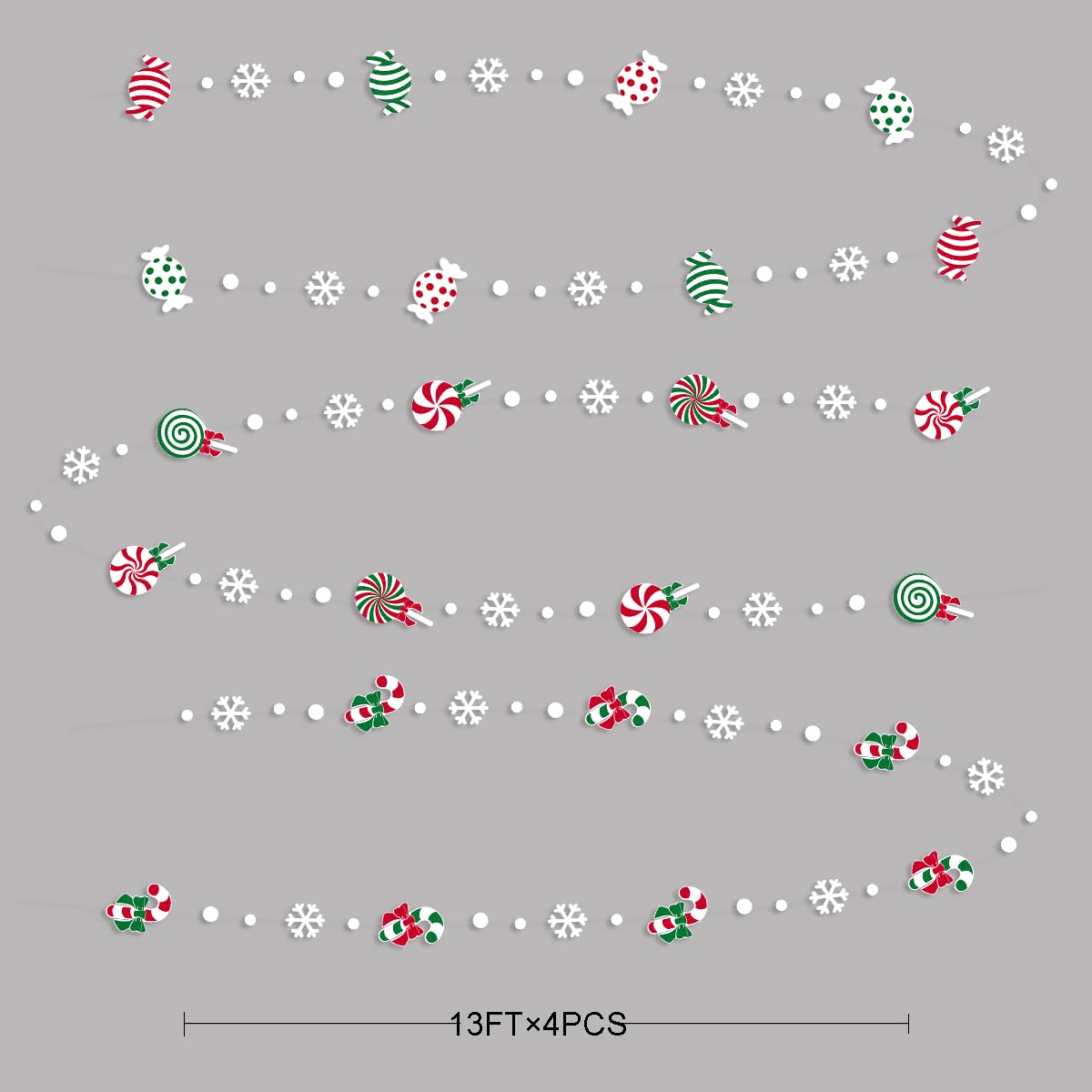 52 Ft Candyland Christmas Decorations Garland Red Green Sweet Candy Cane Lollipop White Snowflake Dot Glitter Paper Hanging Streamer Banner for Merry Christmas Winter Holiday Xmas Party Supplies
