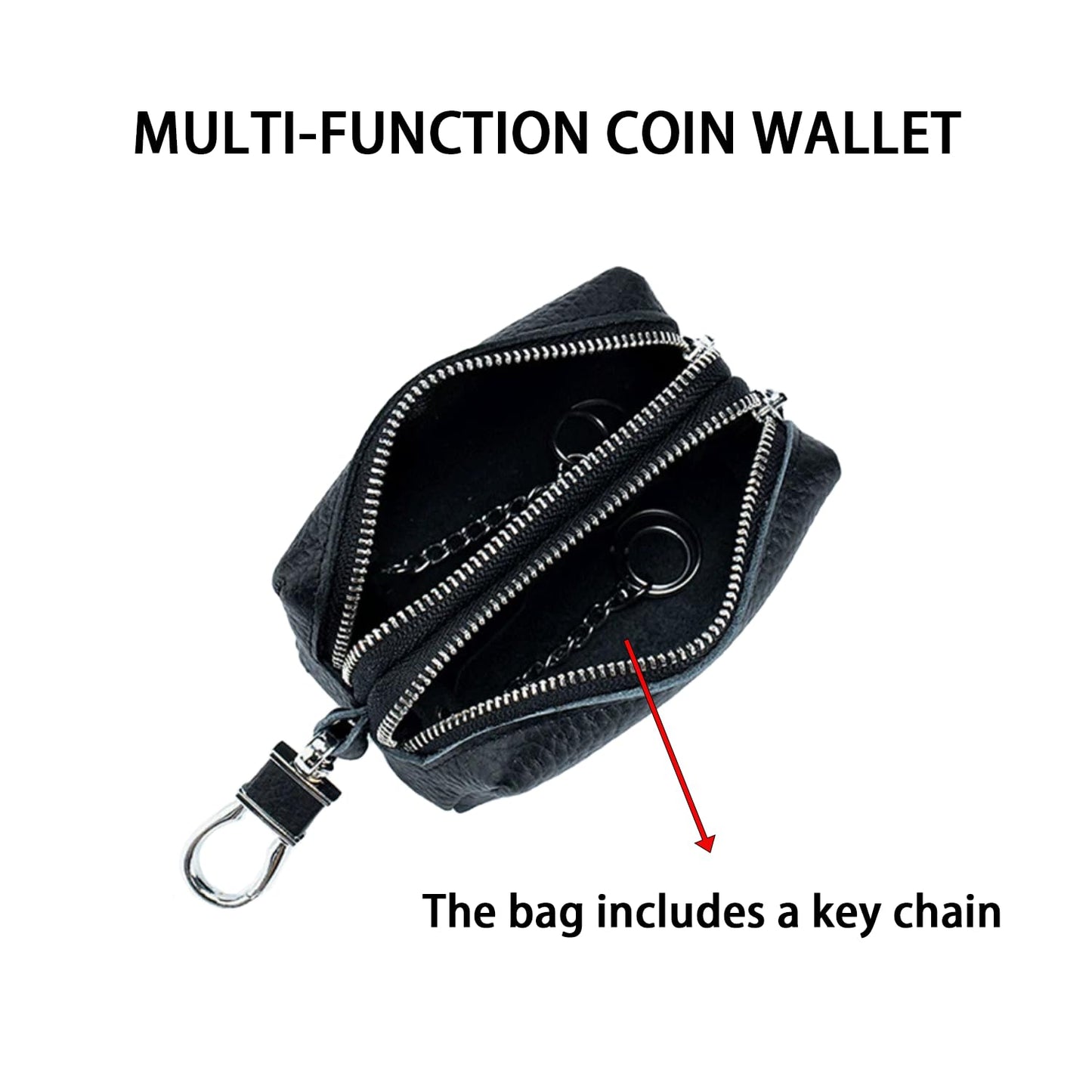 DTSFHTDAL Leather Car Key Wallet Case, Multi Functional First Layer Cowhide Key Bag Double Zipper Keychain Wallet Double Zip Key Bag for Keys (Black)