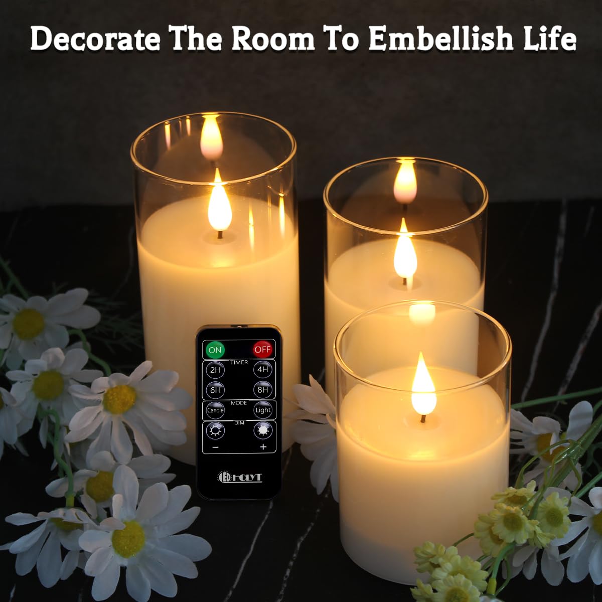 LEDHOLYT Rechargeable Flameless Glass Pillar Candles–Gifts for Women,–Set of 3, Realistic Flickering LED Flame,Remote & Timer, Ideal for Living Room, Bedroom & Halloween Festival Home Party Decor