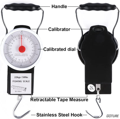 Goture Fishing Hanging Scale Mechanical Kitchen and Fish Fishing Scale Multi-Purpose Portable Hand Held Dial Weight Scale with Tape Measure (50 Lbs / 22Kg)