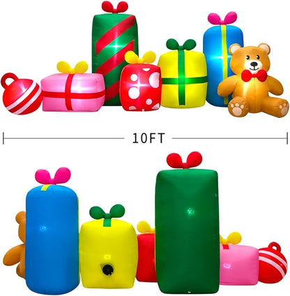 KOOY 10FT Giant Christmas Inflatables Outdoor Decorations Gift Boxes And Bear,Blow up Yard Decorations With LED Light For Xmas Outdoor Decorations Inflatable For Holiday Party Garden Lawn Winter Décor