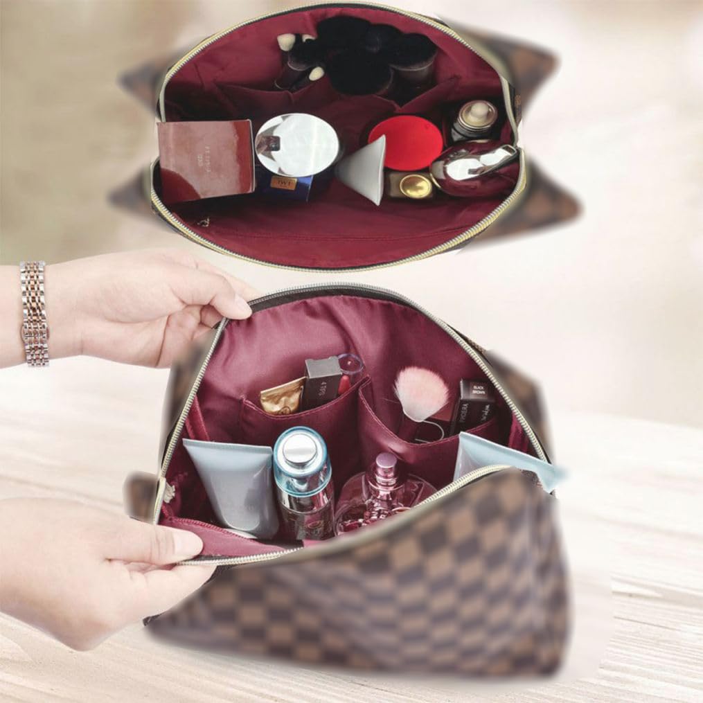 Brown Checkered Makeup Bag Set, Portable with Adjustable Partition, Large Capacity Pouch for Travel Organizer, Makeup Brushes Bag, Waterproof, Toiletries, Designer for Gift( 3Pcs Brown Checkered)