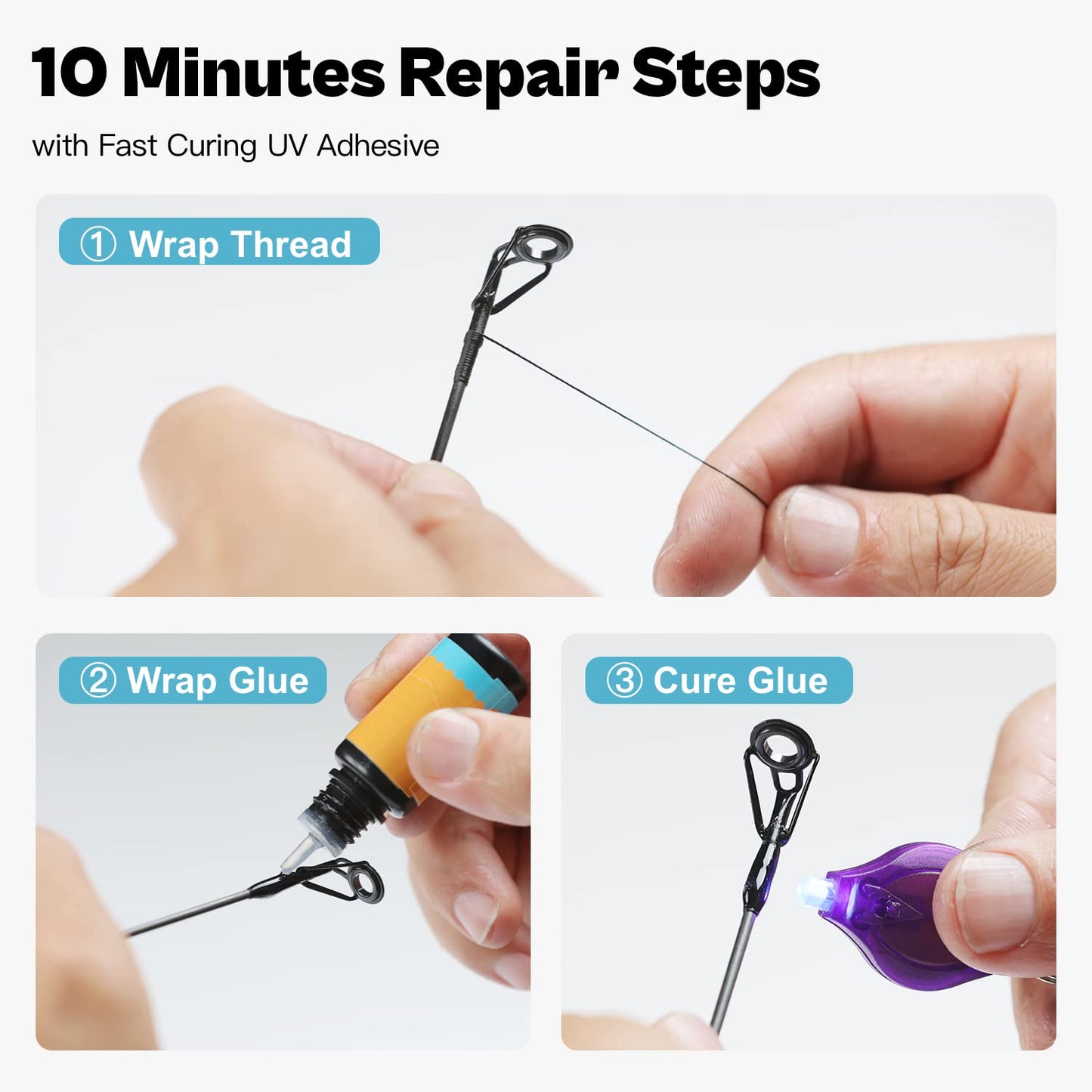 OJYDOIIIY Fishing Rod Tip Repair Kit with Glue, Complete Repalcement Parts Kit with UV Cured Adhesive and 10 Rod Tips
