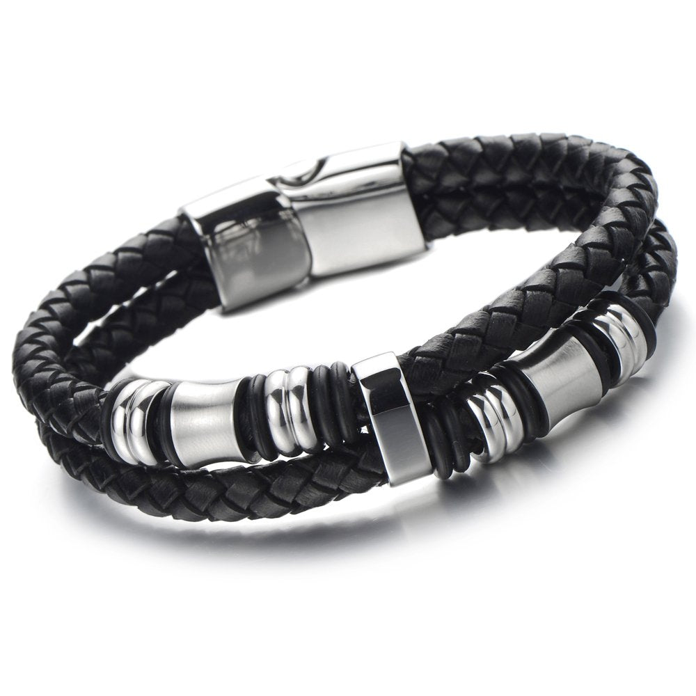 COOLSTEELANDBEYOND Men's Black Double Braided Leather Bracelet With Stainless Steel Barrel Beads, Layered Wristband With Clasp, Modern Minimalist Wrist Jewelry