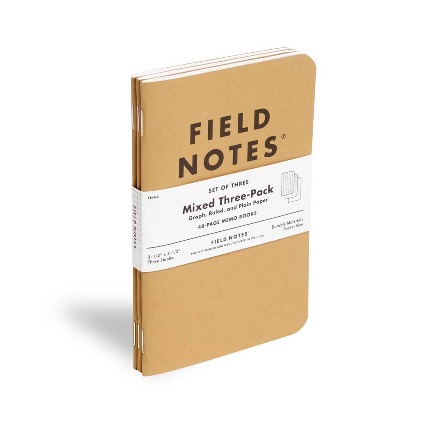 Field Notes: Original Kraft 3-Pack - Mixed Paper (1 Graph/Grid, 1 Ruled/Lined, 1 Plain/Blank) Memo Books - 48 Page Pocket Notebooks - 3.5" x 5.5"