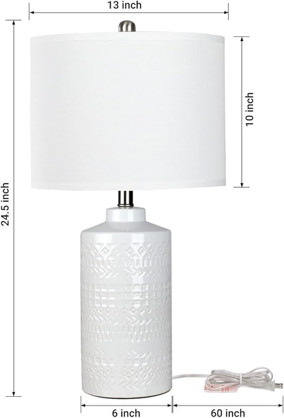 24.5" White Ceramic Table Lamp 3-Way Dimmable Nightstand with White Linen Shade Bedside Lamp for Bedrooms & Living Room Office Reading(Bulb Included)
