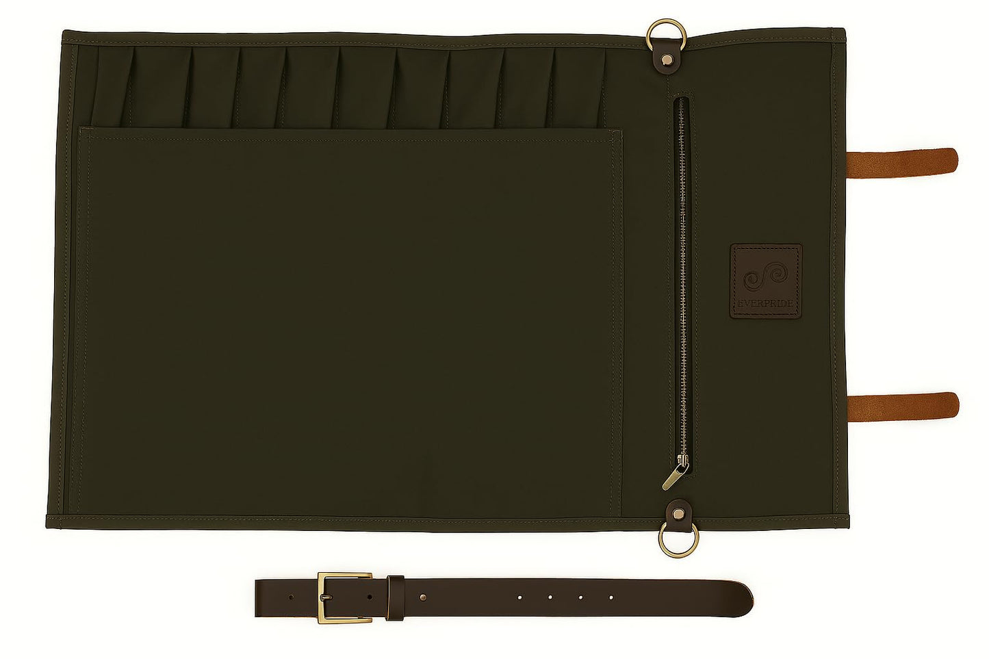 EVERPRIDE Stunning Waxed Canvas Roll Bag in Rich Dark Green w Genuine Leather Trim. Handsome Professional Chef Knife Roll Bag with upto 14" Knives and Storage Compartments A Super Gift