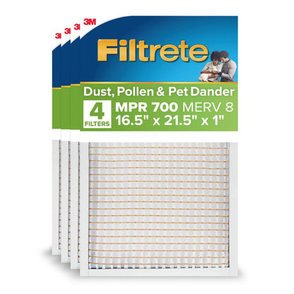 Filtrete 16.5x21.5x1 AC Furnace Air Filter, MERV 8, MPR 700, Tough on Pollen, Easy on Airflow, 3-Month Pleated 1-Inch Electrostatic Air Cleaning Filter, 4-Pack (Actual Size 16.19 x 21.19 x 0.81 in)