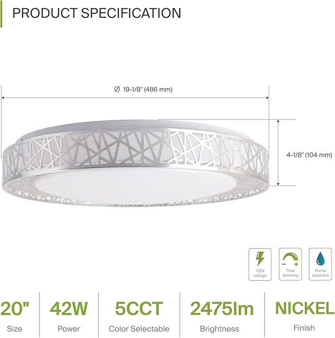 ASD 20 Inch LED Flush Mount Ceiling Light Fixture for Bedroom, 42W 2474LM 5CCT 2700K-5000K, Triac Dimmable Lights, Dining, Living Room, Kitchen Lamps, Modern Home Lighting Fixtures, Nickel, ETL