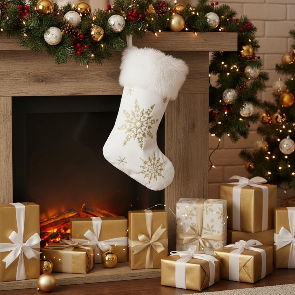 Comfy Hour 18" White Velvet Christmas Stocking, Gold Snowflake Embroidery with Faux Fur Trim, Elegant Holiday Mantel Hanging Decor, Traditional Winter Accent, Artisan Crafted Textile, 1 Unit