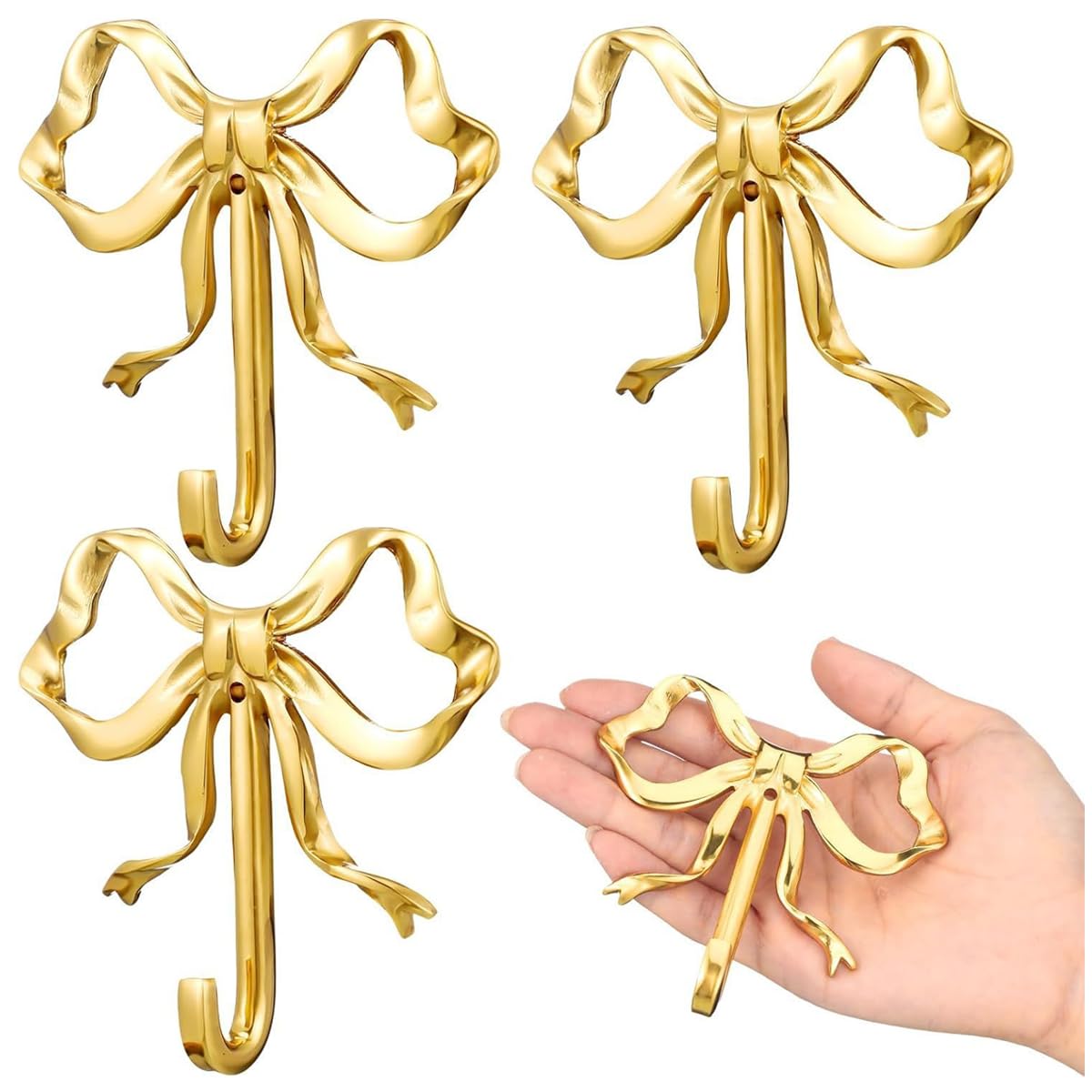 ZMHKJZDQ 2PCS Brass Bow Wall Hooks Gold Bow Wall Hooks Bow Wall Hook for Hallway Kitchen Hang Coats Keys Towels Bags Umbrellas Bathroom Living Room Kitchen Christmas Wall Decor Birthday Gift (Large)