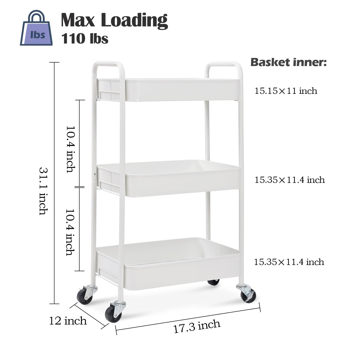 TOOLF 3-Tier Rolling Cart - Metal Utility Storage Organizer with Lockable Wheels, 33 lbs Per Shelf, Tool-Free 5-Min Assembly, for Kitchen Bathroom Office Nursery Craft Room, White