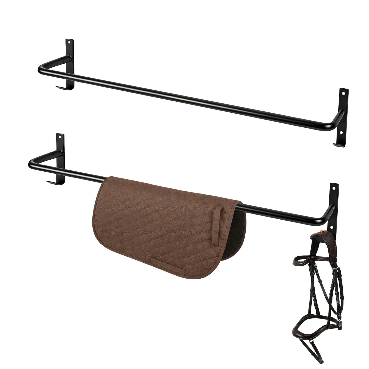 Zwinz 2Pcs Heavy Duty Horse Blanket Rack with Bridle Hooks, Wall Mounted Assembled Blanket Bar, Saddle Pad Rack for Horse Tack Storage, Black