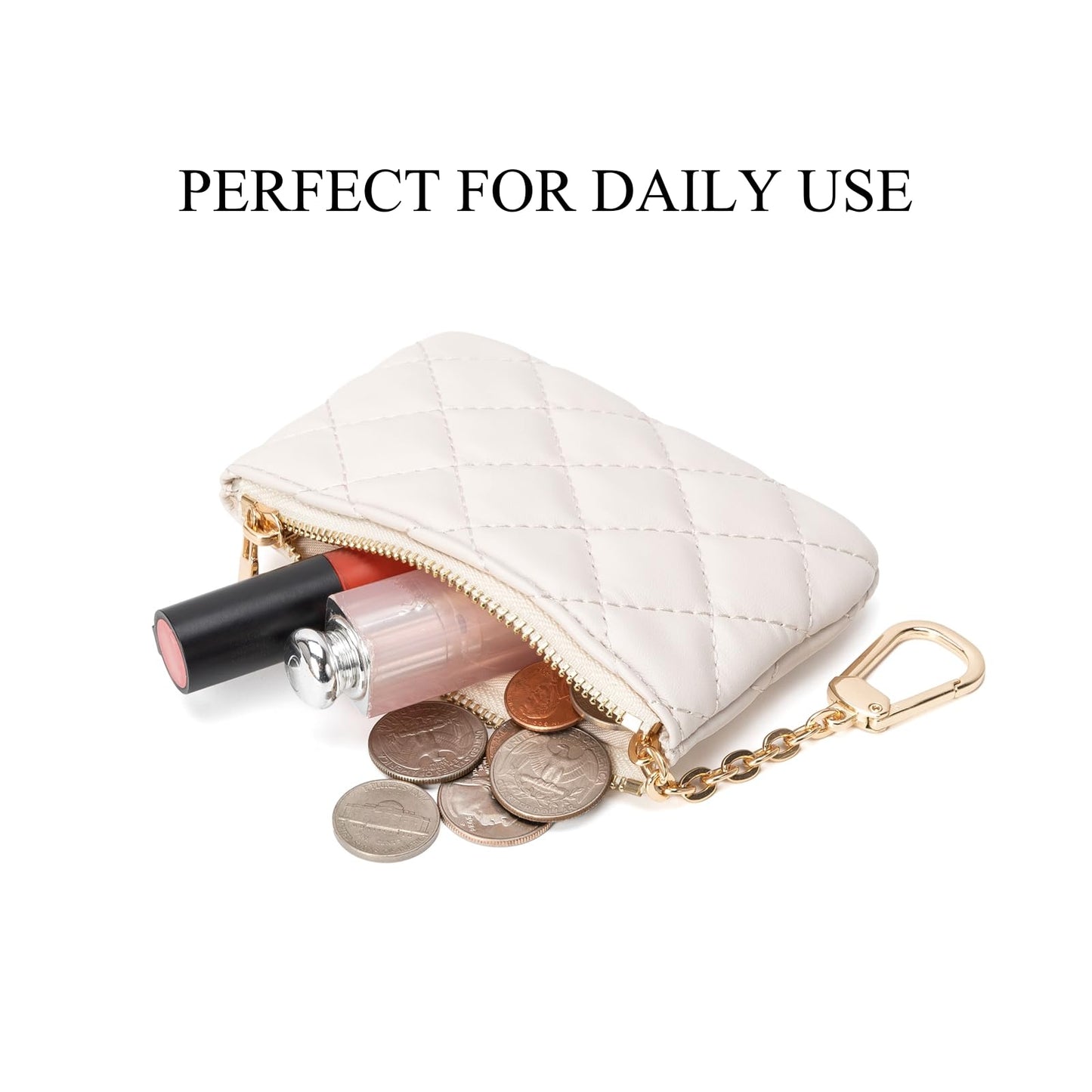 LARENNT Quilted Leather Coin Purse with Keychain - Small Coin Pouch Key Pouch Small Card Holder Keychain Wallet Change Purse for Women and Men (Creamy-white)