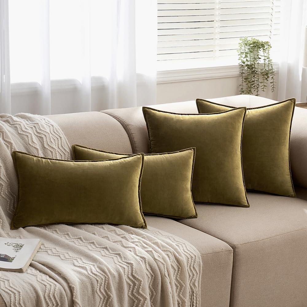 MIULEE Olive Green Velvet Throw Pillow Covers 22x22 Soft Decorative Solid Square Cushion Cases Pack of 2 Modern Luxury Home Decor for Couch, Sofa, Bedroom