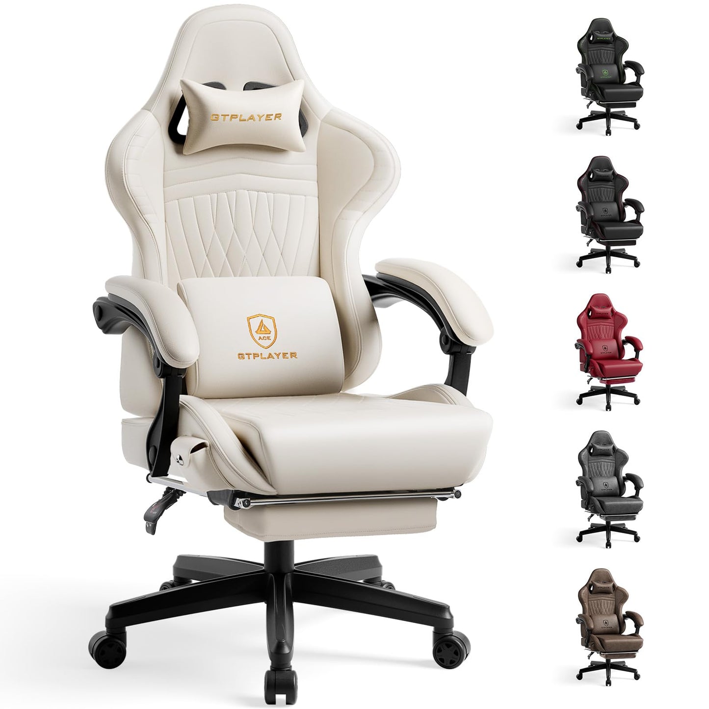 GTPLAYER Gaming Chair with Speakers, Video Game Chairs with Footrest, PC Gamer Chairs for Adults - Padded High Back Ergonomic Reclining Silla Gamer, Linkage Armrest, Ace Pro, Ivory