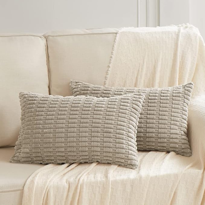 Fancy Homi Taupe Decorative Throw Pillow Covers 14x24 Inch for Living Room Couch Bed Sofa, Rustic Farmhouse Boho Home Decor, Soft Striped Corduroy Square Cushion Case 35x60 cm
