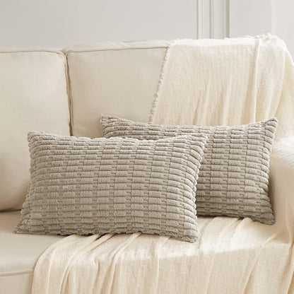Fancy Homi Taupe Decorative Throw Pillow Covers 14x24 Inch for Living Room Couch Bed Sofa, Rustic Farmhouse Boho Home Decor, Soft Striped Corduroy Square Cushion Case 35x60 cm